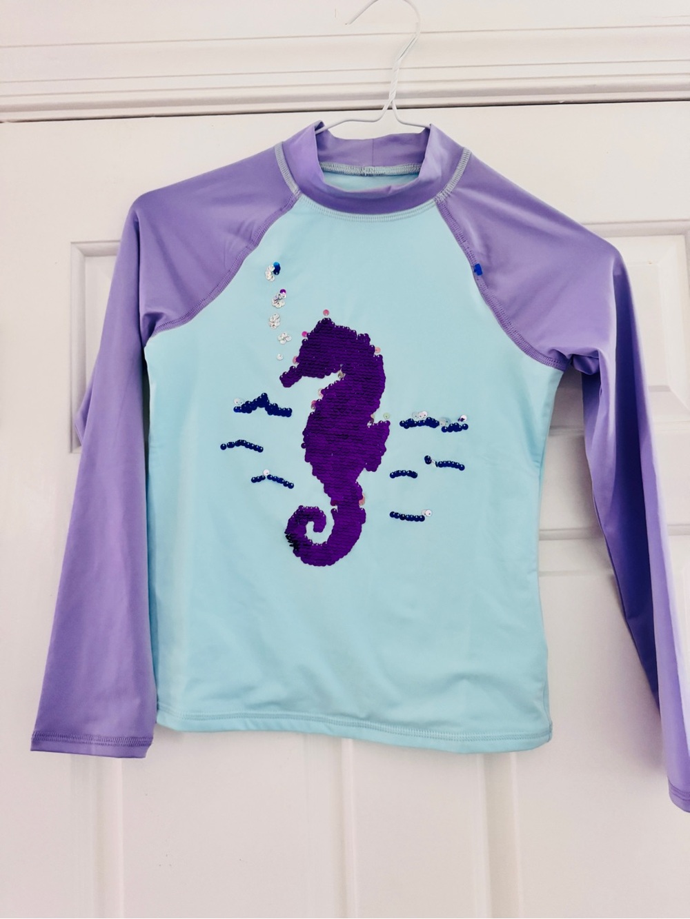 Lands' End Aqua & Lavender Seahorse Sequin Rash Guard